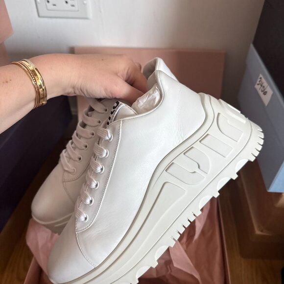 NWT Miu Miu Platform Low-top Sneakers White Leather Lace Up Sz 41 - Picture 8 of 10